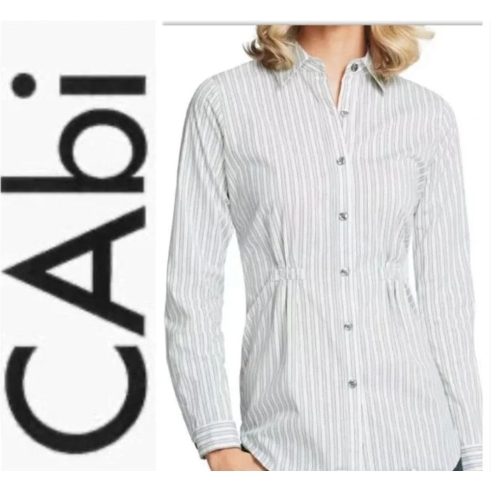 Small CAbi Pinestripe Shirt Button Up Long sleeve Yellow Navy Style 974 EUC